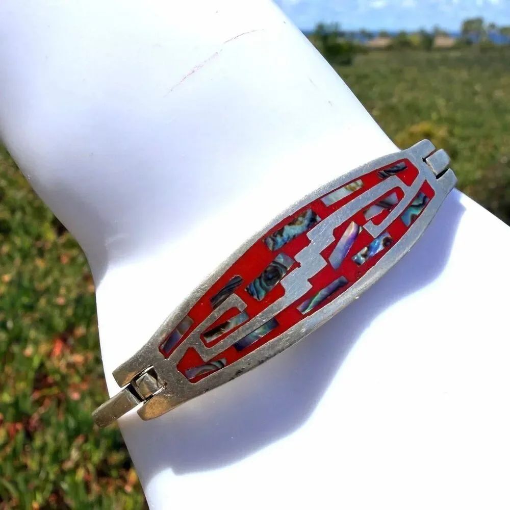 VintageโMexico Abalone Red Enamel Modernist Hinged Bracelet